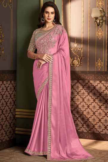 Trendy Art Silk Fabric Pink Color Saree With Border Work