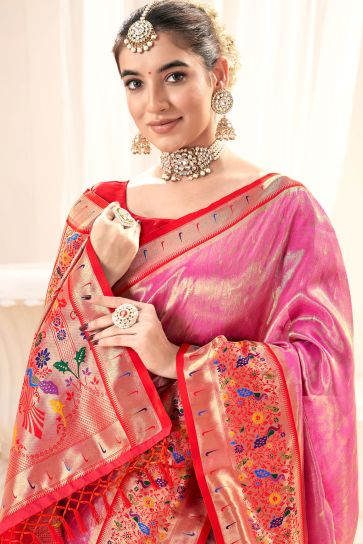 Delicate Pink Color Function Wear Handloom Silk Saree