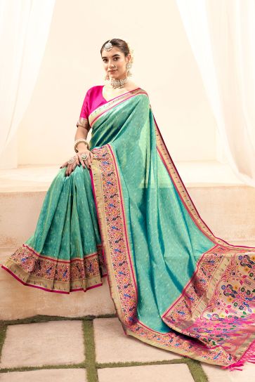 Sea Green Color Function Wear Glamorous Handloom Silk Saree