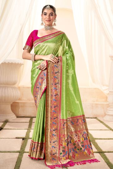 Function Wear Attractive Handloom Silk Saree In Green Color