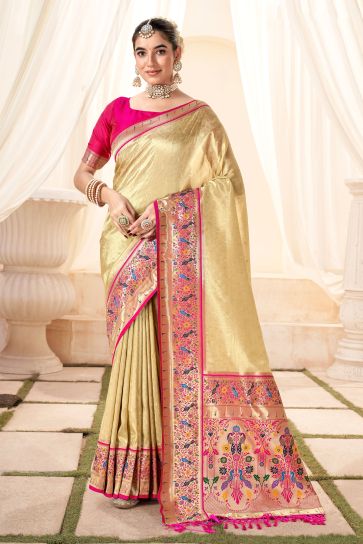 Alluring Cream Color Function Wear Handloom Silk Saree