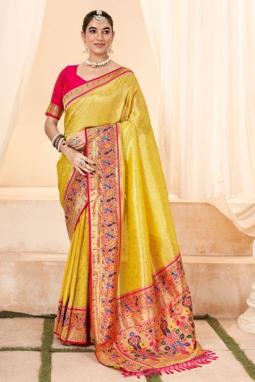 Yellow Color Glorious Handloom Silk Saree In Function Wear