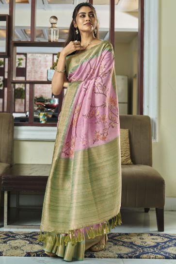 Ingenious Pink Color Handloom Silk Printed Saree