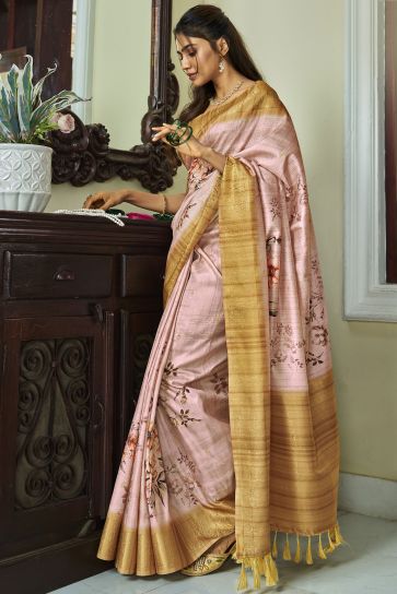 Phenomenal Peach Color Handloom Silk Printed Saree