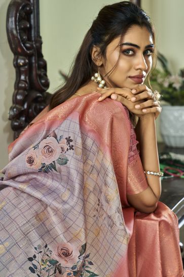 Glamorous Lavender Color Handloom Silk Printed Saree
