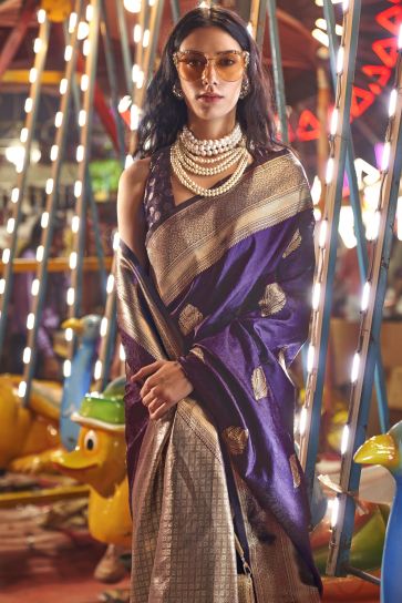 Exclusive Weaving Work On Purple Color Saree In Handloom Silk