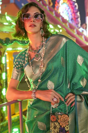 Green Color Exquisite Weaving Work Saree In Handloom Silk