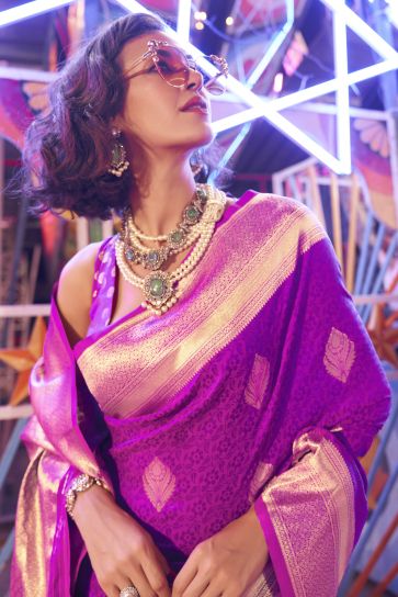 Attractive Handloom Silk Rani Color Saree With Weaving Work