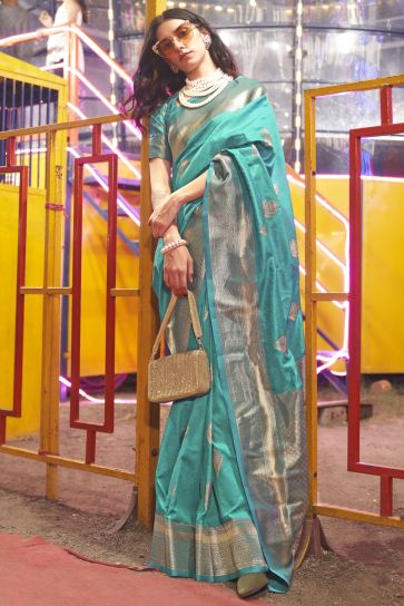Heavy Handloom Silk Weaving Work On Sea Green Color Saree