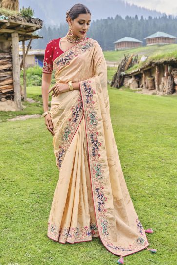 Vaishnavi Andhale Delicate Beige Color Border Work Wedding Wear Dola Silk Saree