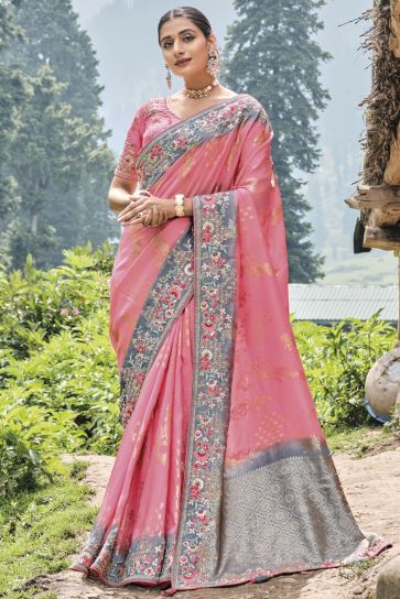 Trditional Soft Silk Designer Light Pink Saree Golden Zari Saree