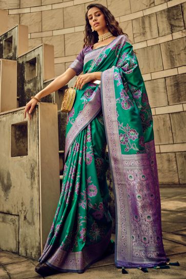 Function Wear Brasso Fabric Captivating Green Color Saree