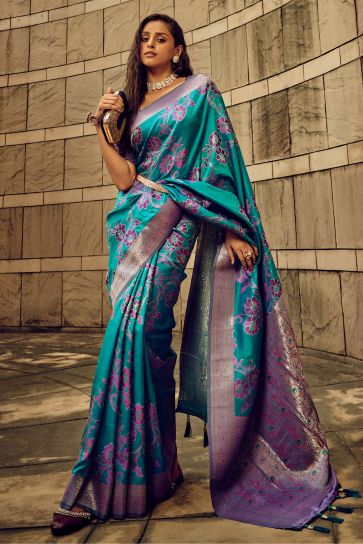 Brasso Fabric Cyan Color Gorgeous Look Saree For Function