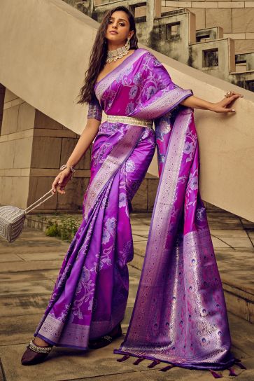 Brasso Fabric Function Wear Purple Color Stylish Look Saree