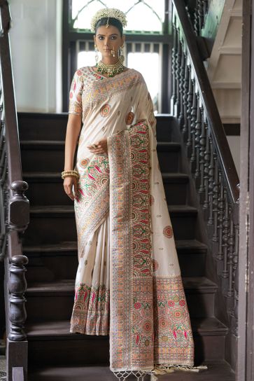 Cream Color Exquisite Weaving Work Silk Saree
