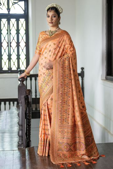 Alluring Peach Color Weaving Work Silk Saree