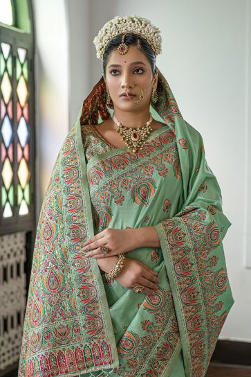 Cyan Color Weaving Work Glamorous Silk Saree