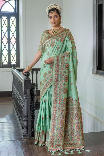 Cyan Color Weaving Work Glamorous Silk Saree