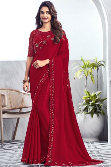 Border Work On Art Silk Fabric Bewitching Saree In Red Color