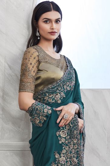Teal Color Art Silk Fabric Coveted Saree With Border Work