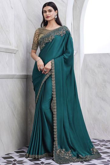 Teal Color Art Silk Fabric Coveted Saree With Border Work