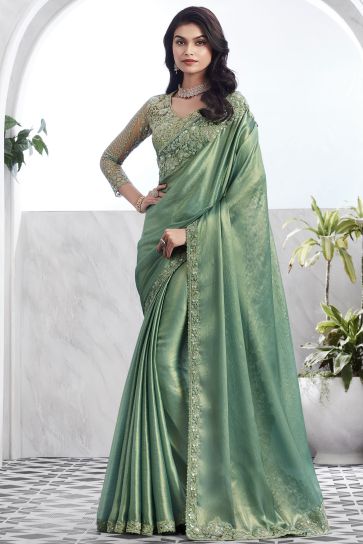  Art Silk Fabric Sea Green Color Excellent Saree With Border Work