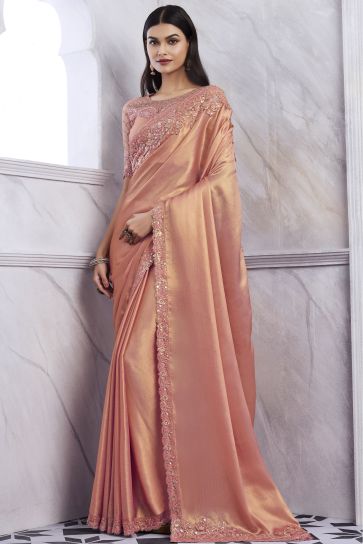 Art Silk Fabric Peach Color Patterned Saree With Border Work