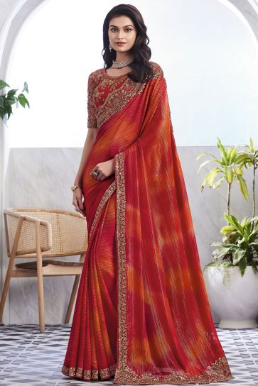 Border Work On Red Color Sober Saree In Art Silk Fabric