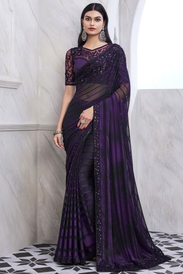 Beguiling Border Work On Purple Color Art Silk Fabric Saree