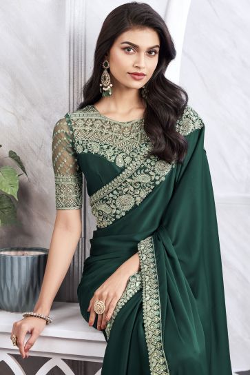 Tempting Art Silk Fabric Dark Green Color Saree With Border Work