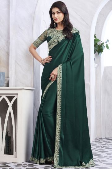 Tempting Art Silk Fabric Dark Green Color Saree With Border Work