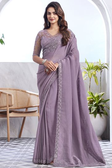 Lavender Color Art Silk Fabric Special Saree With Border Work