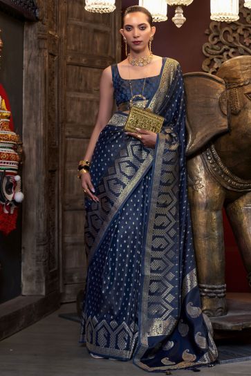 Navy Blue Color Weaving Work On Satin Silk Fabric Stunning Saree