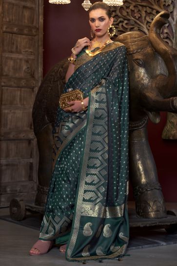 Tempting Satin Silk Fabric Dark Green Color Saree With Weaving Work