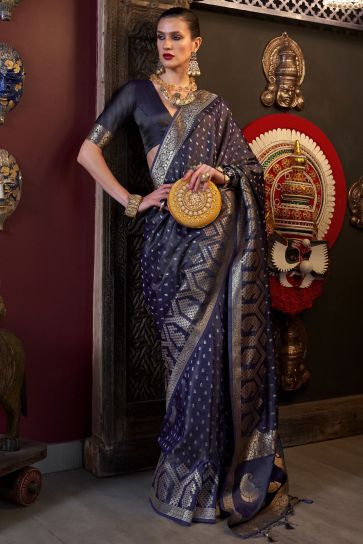 Engaging Purple Color Satin Silk Fabric Saree With Weaving Work