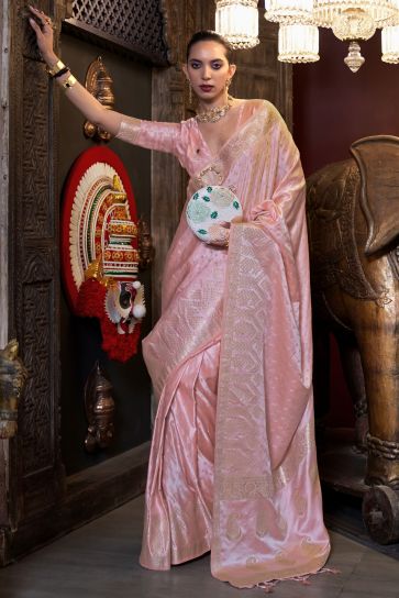 Amazing Weaving Work On Pink Color Satin Silk Fabric Saree