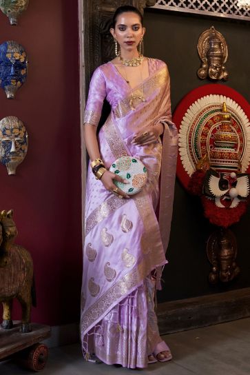 Creative Weaving Work On Lavender Color Satin Silk Fabric Saree