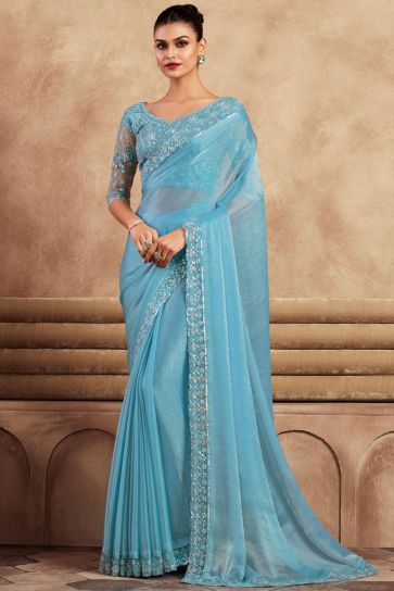 Border Work Imposing Party Style Chiffon Silk Saree In Cyan Color