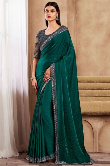 Delicate Teal Color Border Work Party Style Art Silk Saree