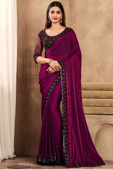 Burgundy Color Exquisite Border Work Party Style Art Silk Saree