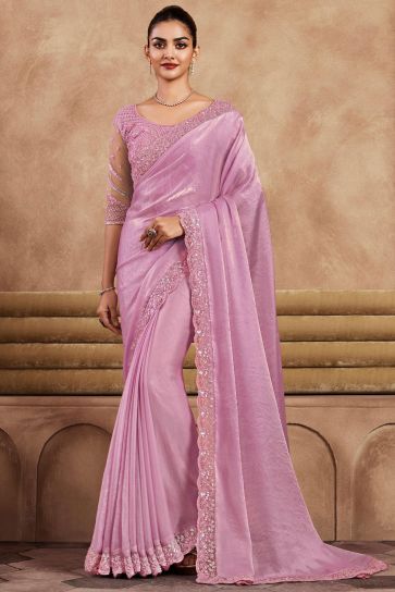 Pink Color Border Work Graceful Party Style Art Silk Saree