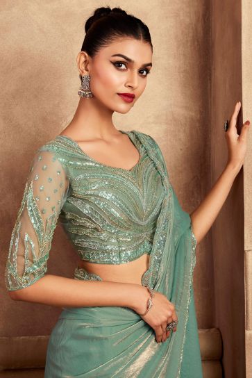 Sea Green Color Gorgeous Party Style Art Silk Saree With Border Work