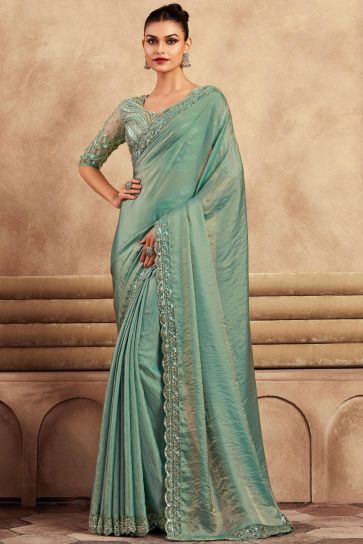 Sea Green Color Gorgeous Party Style Art Silk Saree With Border Work