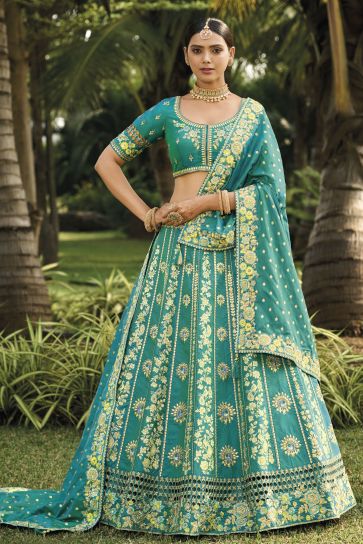 Sea Green Color Banarasi Silk Fabric Coveted Lehenga With Jacquard Work