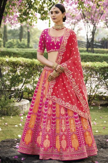 Banarasi Silk Fabric Multi Color Riveting Lehenga With Jacquard Work