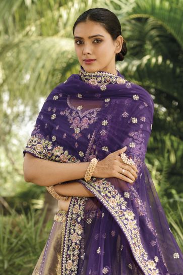 Banarasi Silk Fabric Beige Color Excellent Lehenga With Jacquard Work
