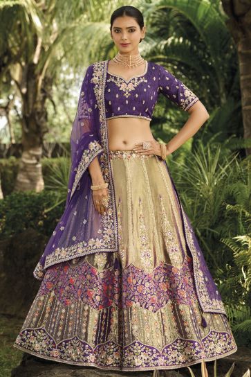 Banarasi Silk Fabric Beige Color Excellent Lehenga With Jacquard Work