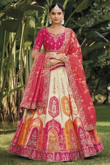 Jacquard Work On Off White Color Banarasi Silk Fabric Princely Lehenga
