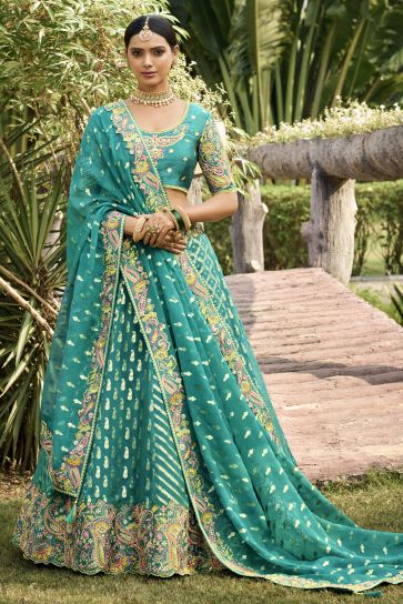 Sea Green Color Banarasi Silk Fabric Engaging Lehenga With Jacquard Work