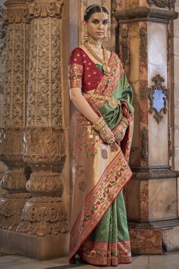 Patola Silk Weaving Work Saree In Green Color